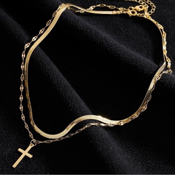 Gold Plated Stainless Steel 2pc Herringbone & Cross Necklace Set - Picture 2 of 3